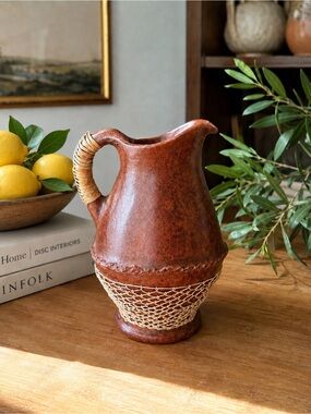Vintage Terracotta Studio Pottery Pitcher Woven Rattan 1970s Boho Tuscan Decor